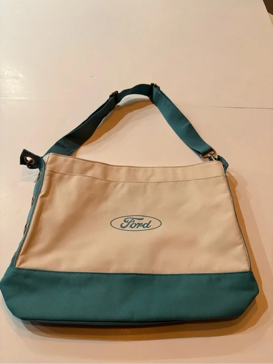 Ford Branded Two-Tone Canvas Shoulder Bag in Teal and Cream