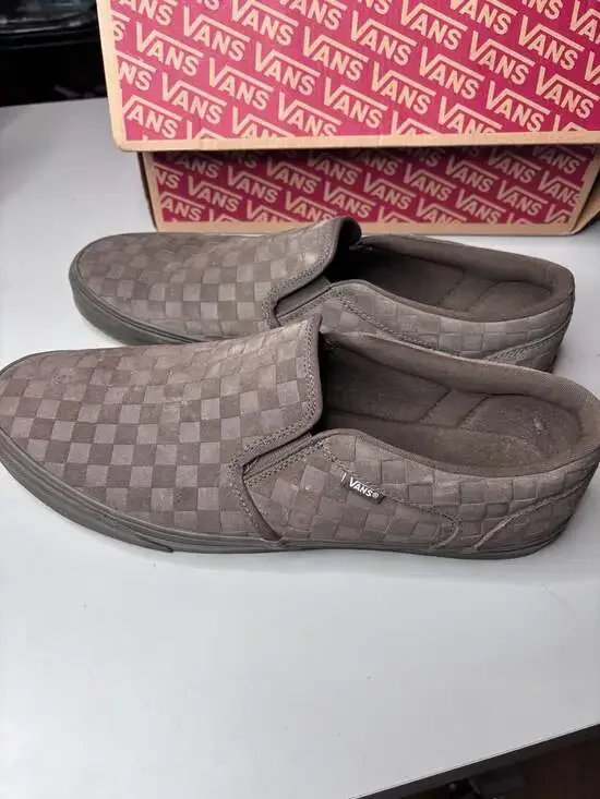 Vans Asher Slip-On Suede Embossed Checkerboard Sneakers - Charcoal