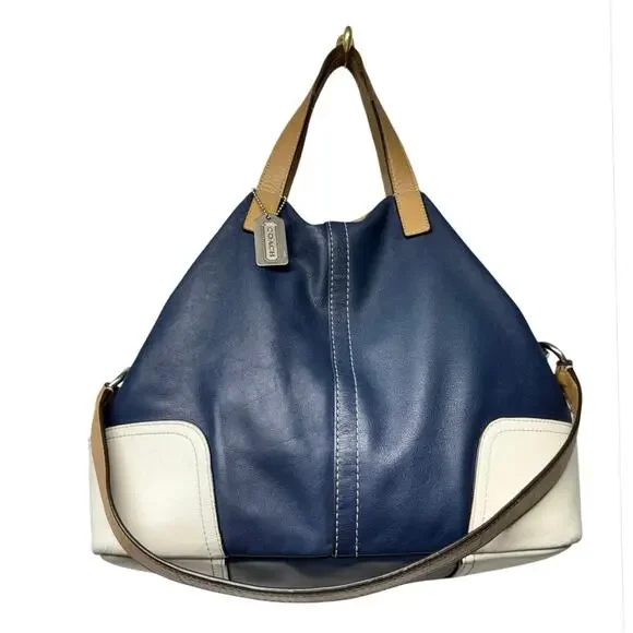 Coach Hadley F27728 Leather Hobo Bag Navy White Tan Colorblock Shoulder Purse