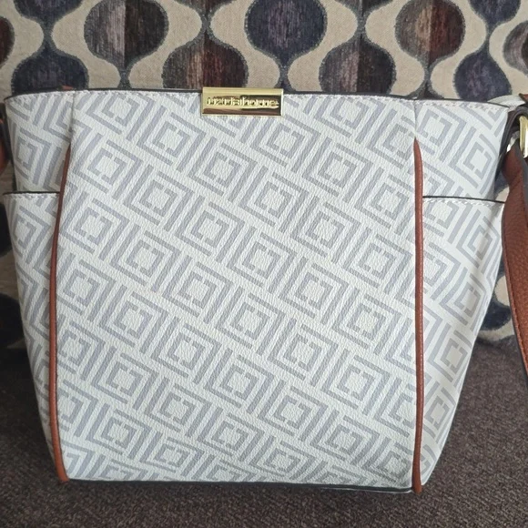 Light Gray Patterned Tote with Brown Trim - Unknown Brand
