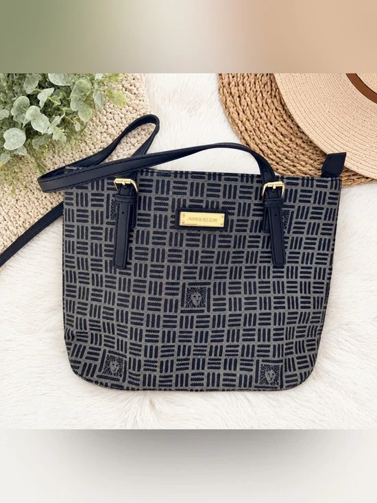 Anne Klein Navy Blue Patterned Shoulder Bag with Gold Accent