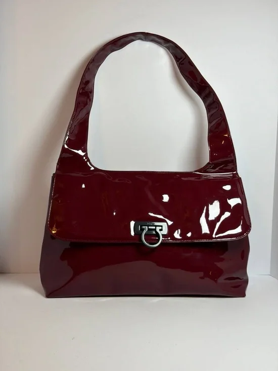 Salvatore Ferragamo Gancini Burgundy Glossy Patent Leather Shoulder Bag