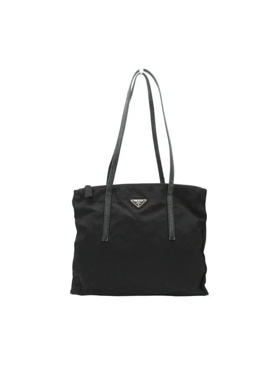 Prada Shoulder Bag Triangle Logo Nylon Tote Leather Handle Black