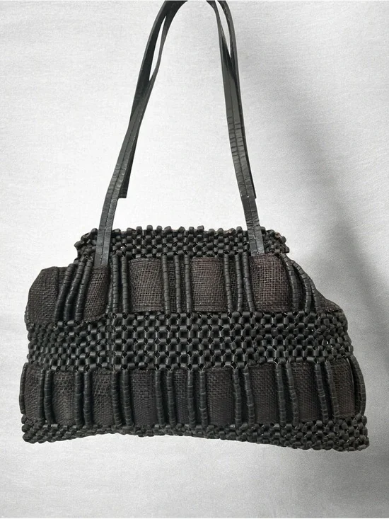 Aranaz Antik Batik tote features a wooden frame woven beaded detail and tassel
