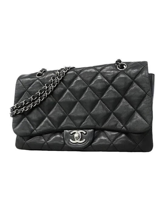 Chanel Shoulder Bag Quilted Lambskin Black Silver