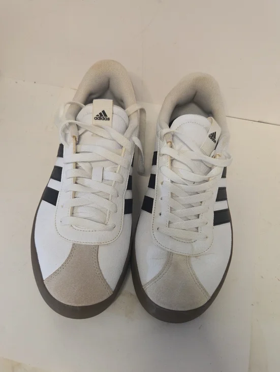 adidas White Sneakers with Black Stripes and Brown Sole Size 8.5