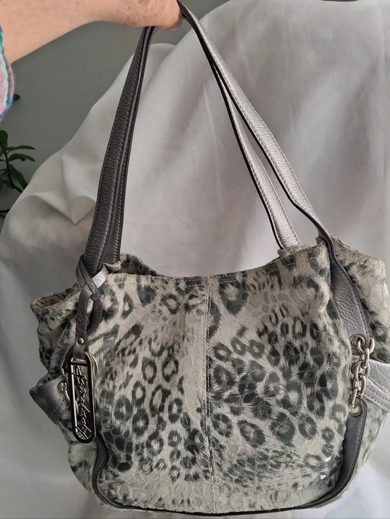 B. Makowsky Gray Animal Print Metallic Shoulder Bag with Leather Straps