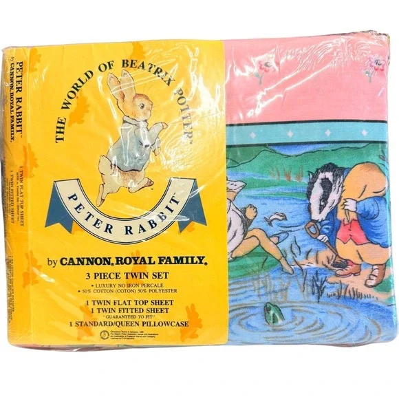 New Vintage 1987 Cannon Royal Family Beatrix Potter Twin Sheet  3pc Peter Rabbit