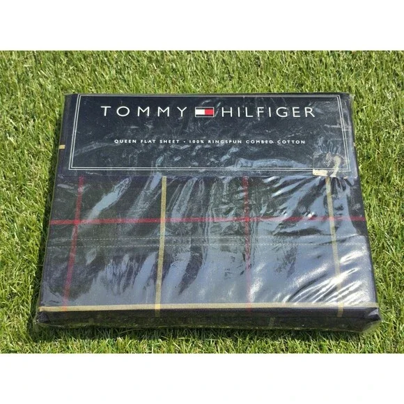Vtg NOS Tommy Hilfiger Queen Flat Sheet 100% Ringspun Combed Cotton  Olive Plaid