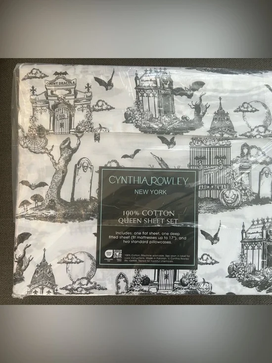 CYNTHIA ROWLEY Queen Sheet Set Halloween Haunted Toile Black White 4PC cotton