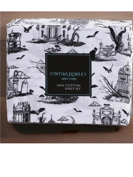 CYNTHIA ROWLEY King Sheet Set Halloween Haunted Toile Black White 4PC cotton