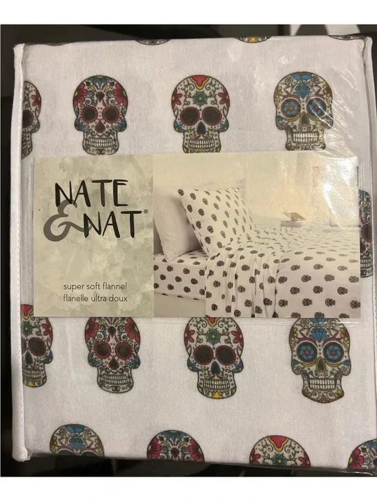 Nate & Nat Twin Sheet Set Sugar Skull Halloween Flannel Cotton