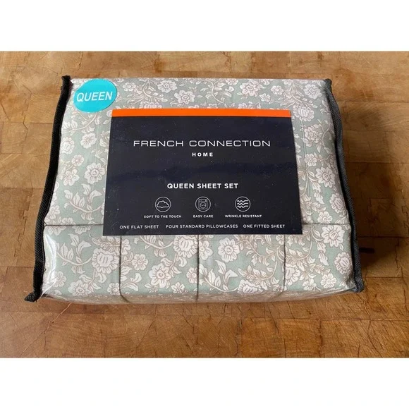 Brand New French Connection Home Queen Sheet Set Floral Sage‎ Green 6 Piece