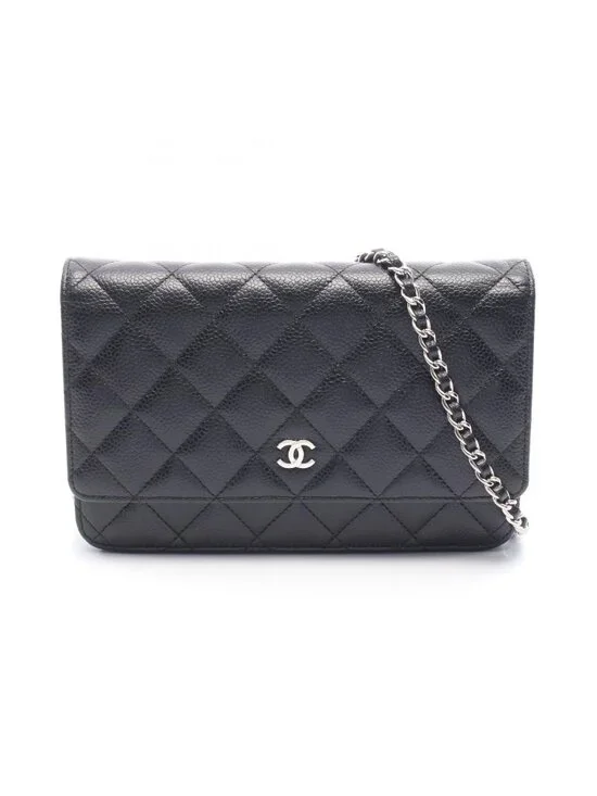 Chanel Shoulder Bag Quilted Black Caviar Leather Chain Wallet