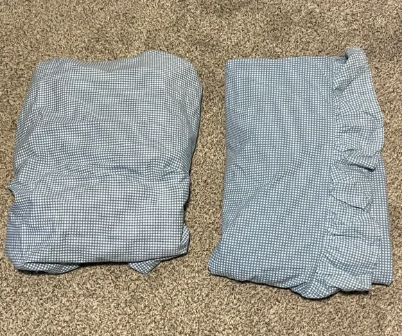 Lauren Ralph Lauren Twin Sheet Set Blue Gingham Ruffle Cotton Farmhouse