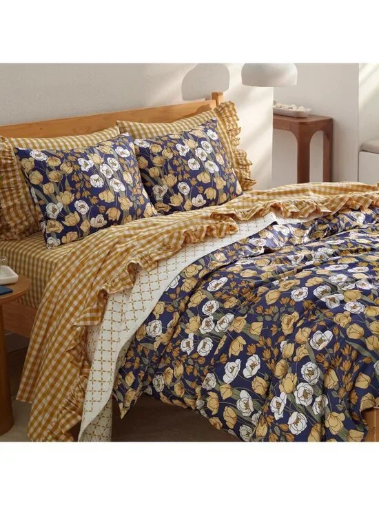 Lands End Twin XL Ruffle Flat Sheet Dijon Gold/Ivory Gingham NEW Farmhouse Bed