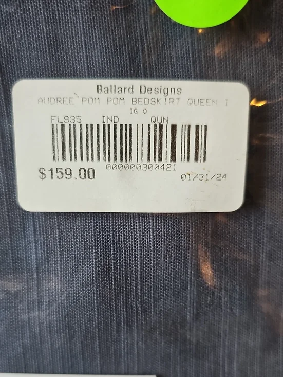 NEW Ballard Designs Audree Pom Pom Bedskirt Queen Indigo Blue Cream Pom-pom Trim