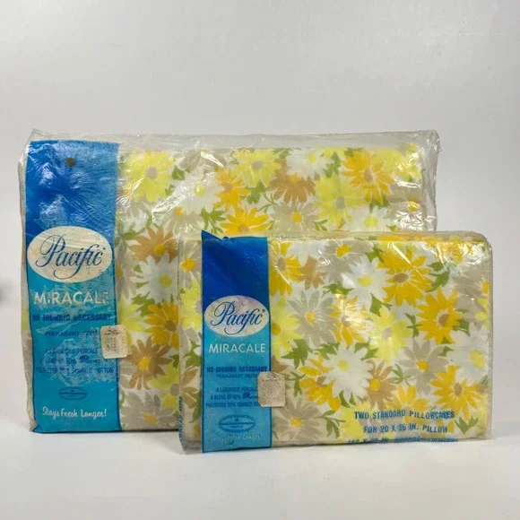 NEW Vintage Pacific Miracale Twin Flat Sheet & 2 Pillowcases Retro Groovy Daisy