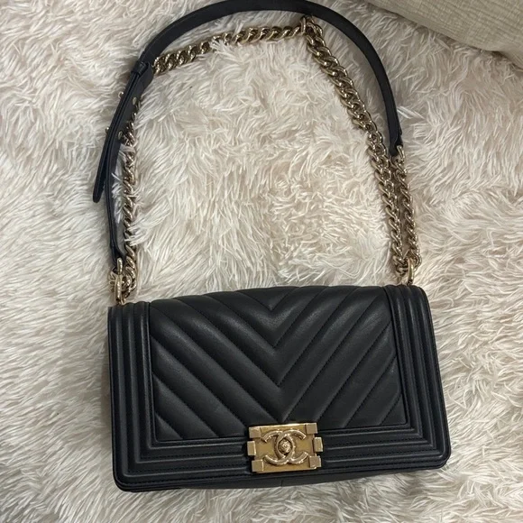 CHANEL Black Chevron Quilted LeBoy Bag with Gold Chain