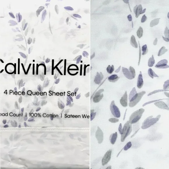 4pc Calvin Klein Purple Gray Airy Botanical Queen Sheet Set White Sateen 300tc