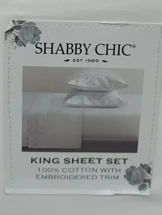 NWT! Shabby Chic Ashwell White Embroidered King Size Sheet Set - 100% Cotton