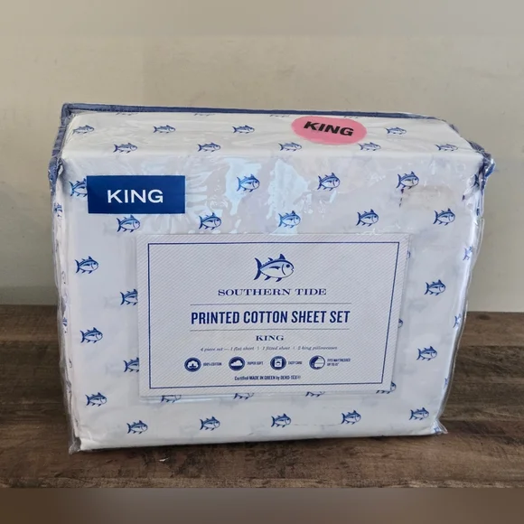 🎁 Southern Tide Printed Cotton Skip Jack King Sheet Set - White