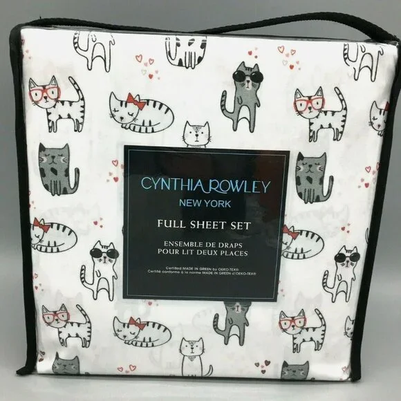 4pc Cynthia Rowley Valentine Cats FULL Sheet Set Kittens Red Hearts Bows Glasses