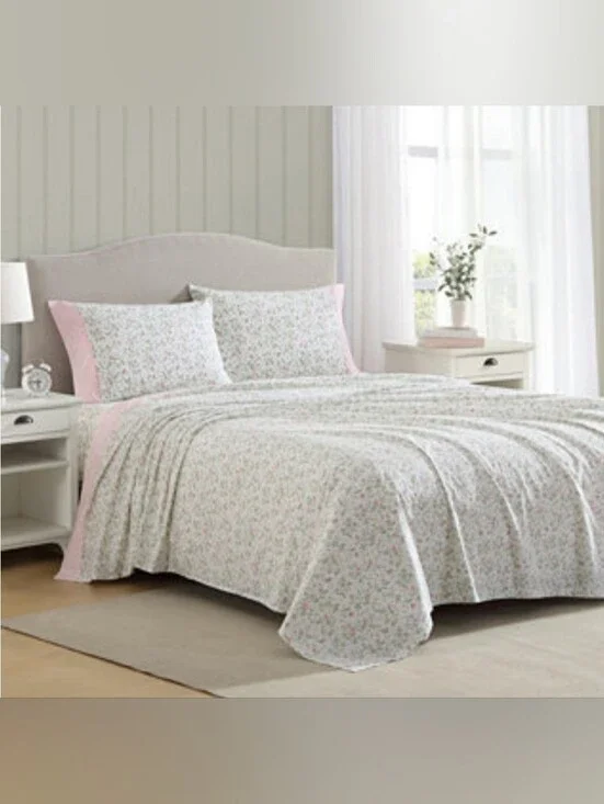 NWT! Laura Ashley Kate Pink Floral Queen Size Sheet Set 100% Cotton
