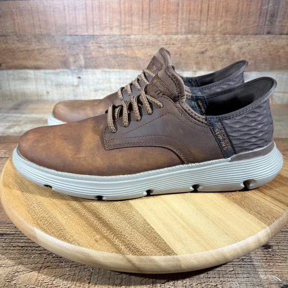 Skechers Shoes Mens 11 Brown Oxford Sneaker Slip-ins Garza-Gervin 205046 Leather