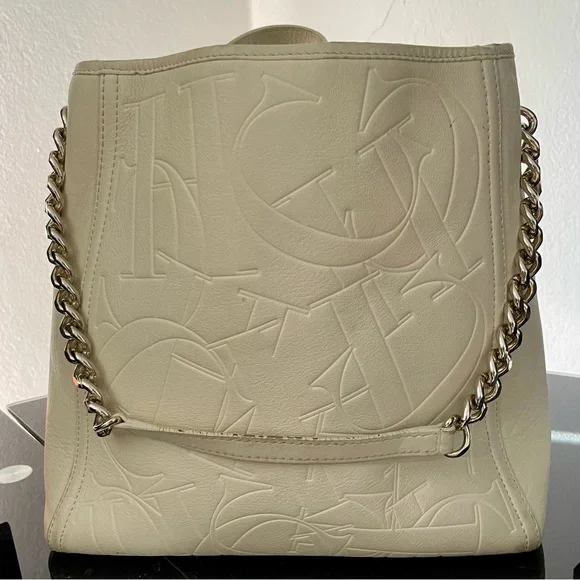 Carolina Herrera Cream Embossed Shoulder Bag with Chain Handle