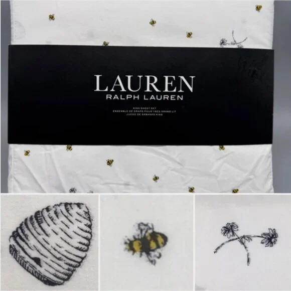 Ralph Lauren KING Sheet Set Bumble Bee Hive Flowers Cotton 18