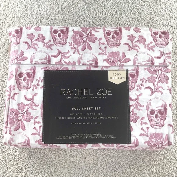 Rachel Zoe Full Sheet Set Pink Skull Floral Toile 100% Cotton 4pc Bedding New