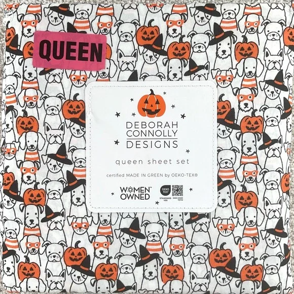 Deborah Connolly Designs Halloween Dog Pumpkin Queen Sheet Set 4pc Microfiber