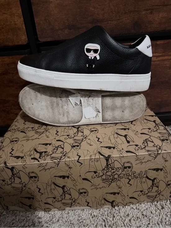 Karl Lagerfeld Black Leather Slip-On Sneakers with White Sole and Heel Tab