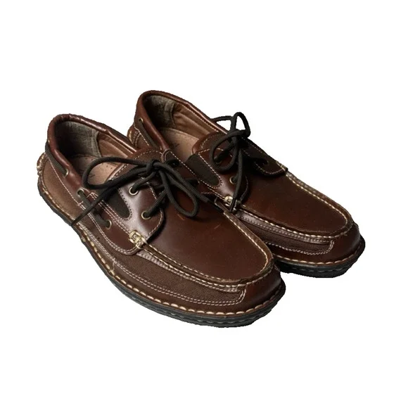 Jos. A. Bank Mens Brown Leather Boat Loafer Shoes Lace Up Rubber Sole SlipOn 9.5