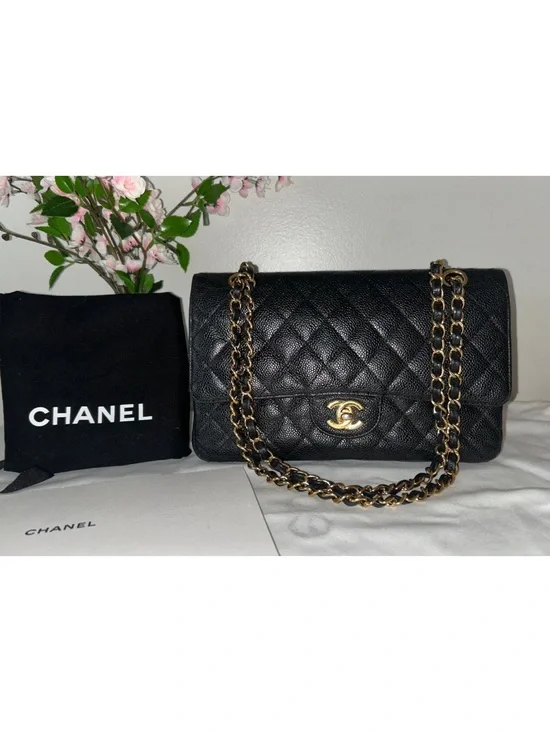 CHANEL Medium Classic Double Flap Caviar Quilted Handbag Black / Gold Hardware