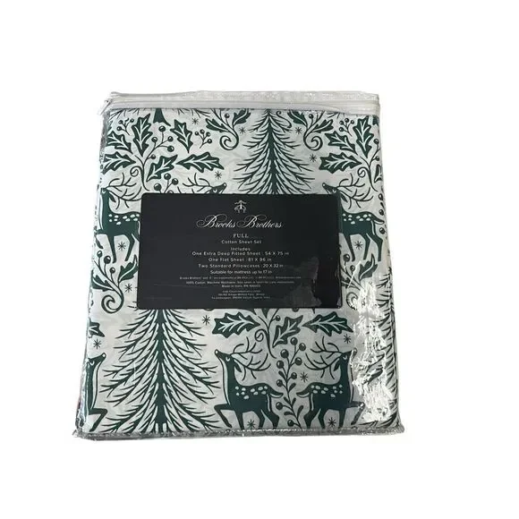 Brooks Brothers Holiday Christmas Print 100% Cotton Full Sheet Set White Green