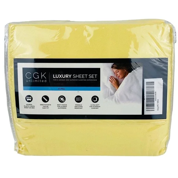 CGK Unlimited Luxury Bed Sheet Set King Size Yellow Deep Pockets Double Elastic‎