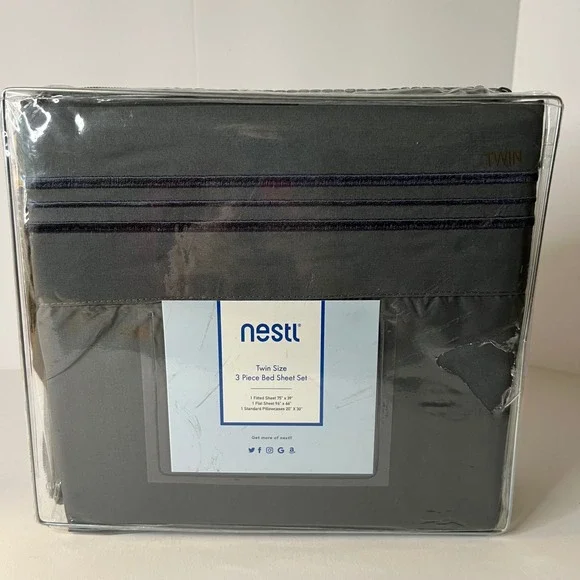 Nestl Twin Size 3 Piece Bed Sheet Set Charcoal Gray‎ Deep Pocket MIcrofiber NIP