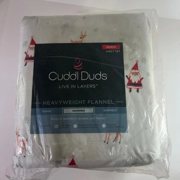 Cuddl Duds Heavyweight Flannel Queen Sheet Set BrushedCotton Santa Reindeer NIP