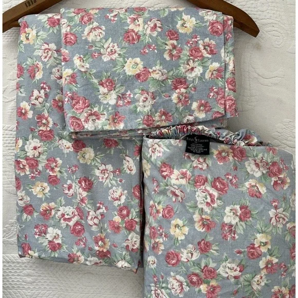 VTG Ralph Lauren Hope Floral TWIN Set 4 Pieces 100% Cotton Cases Flat Fitted