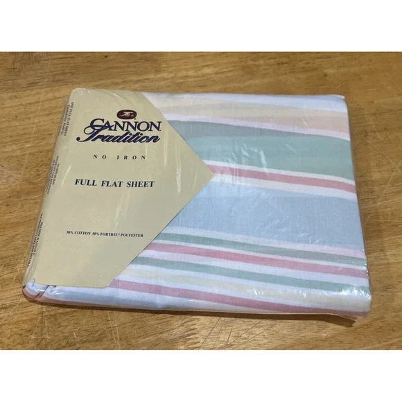 Vtg Cannon Tradition Color Delights Stripe  Pastels Cotton Blend Full Flat Sheet