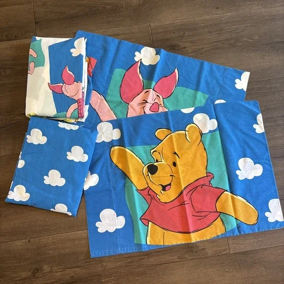 Vtg Disney Winnie the Pooh Piglet Twin 1 Flat 1 Fitted Sheet 2 Pillow Cases Set
