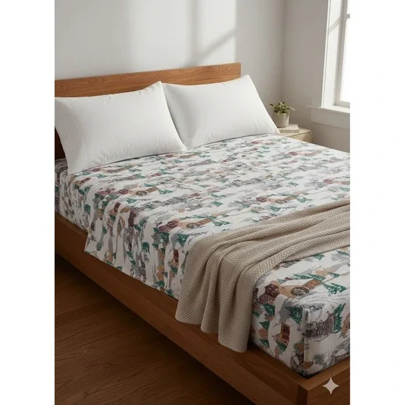 Vintage Franco Full Size Flat‎ & Fitted Sheet Set Winter Village Turkey Holiday