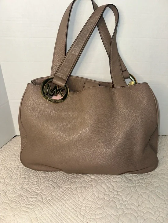 Michael Kors Taupe Brown Pebbled Leather Shoulder Bag with Gold‎ Logo