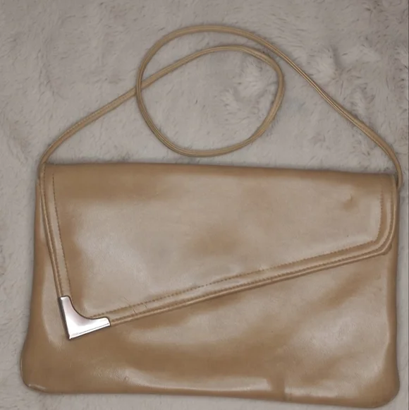 Vintage 80's Asymetric Tan Shoulder Bag With Iconic Built In Lipstick Mirror