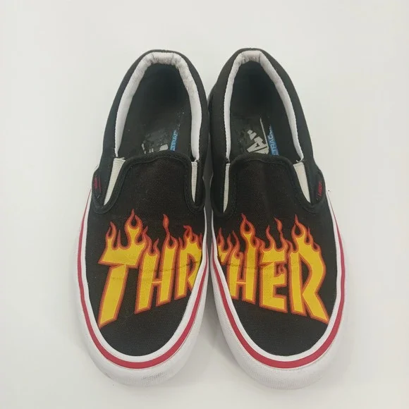 Vans Slip-On Pro Thrasher Flame Logo Black Skate Shoes Mens 5.5 Womens 7 721454