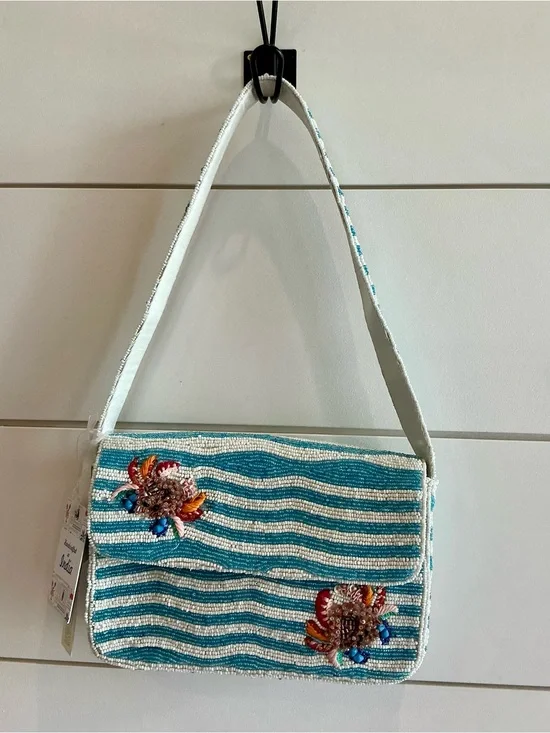 VIRAL Beaded Turquoise Striped Shoulder Bag with Crab Embellishment