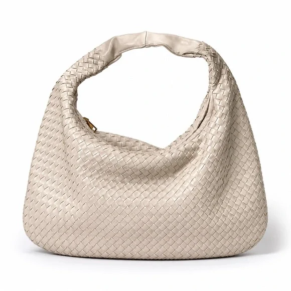 Urban Expressions Woven Vegan Leather Hobo Shoulder Bag Cream Slouchy Tote