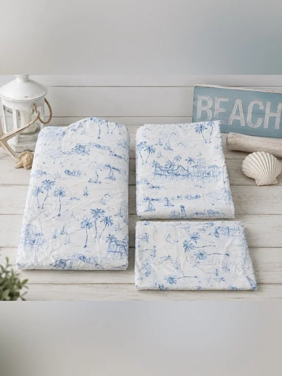 Coastal Twin Sheet Set Blue Beach Toile Palm /trees Sailboats 3 Pc Polyester